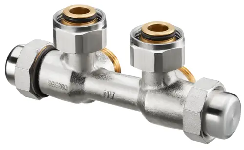 Oventrop Anschlussarmatur mit zwei G 3/4 Anschlussmöglichkeiten, aus hochwertigem Metall, für effiziente Verbindungen in Heizungs- oder Sanitärinstallationen.
